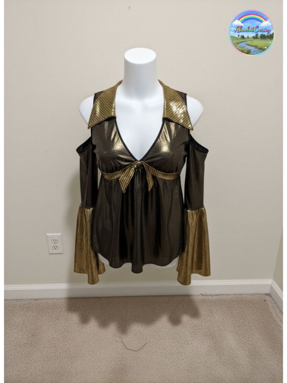 Plus Size Disco Diva Costume Set Cold Shoulder Babydoll Top Bell Bottom Pants